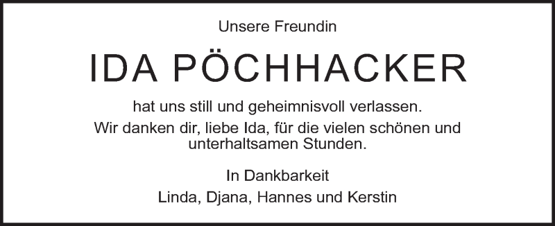  Traueranzeige für Ida Pöchhacker vom 26.05.2020 aus Kleine Zeitung