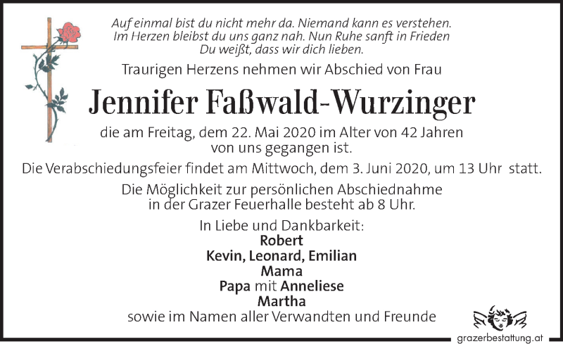  Traueranzeige für Jennifer  Faßwald-Wurzinger vom 30.05.2020 aus Kleine Zeitung