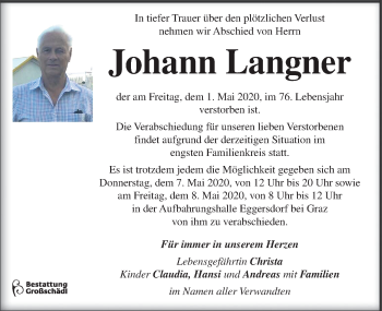 Traueranzeige von Johann Langner von Kleine Zeitung