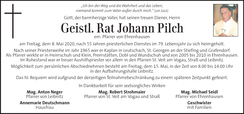  Traueranzeige für Johann Pilch vom 13.05.2020 aus Kleine Zeitung
