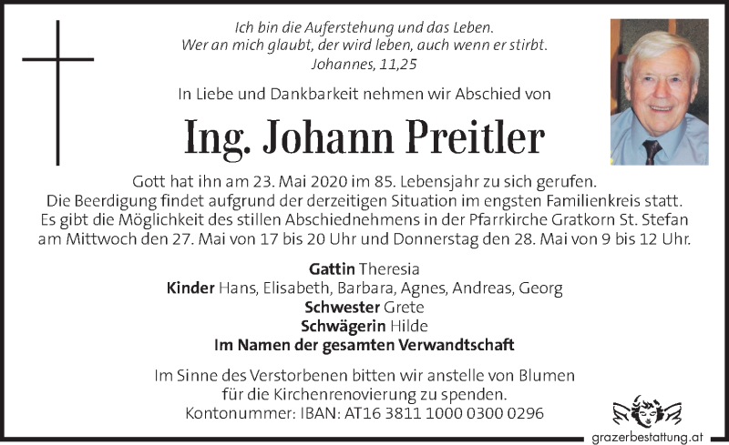  Traueranzeige für Johann Preitler vom 27.05.2020 aus Kleine Zeitung