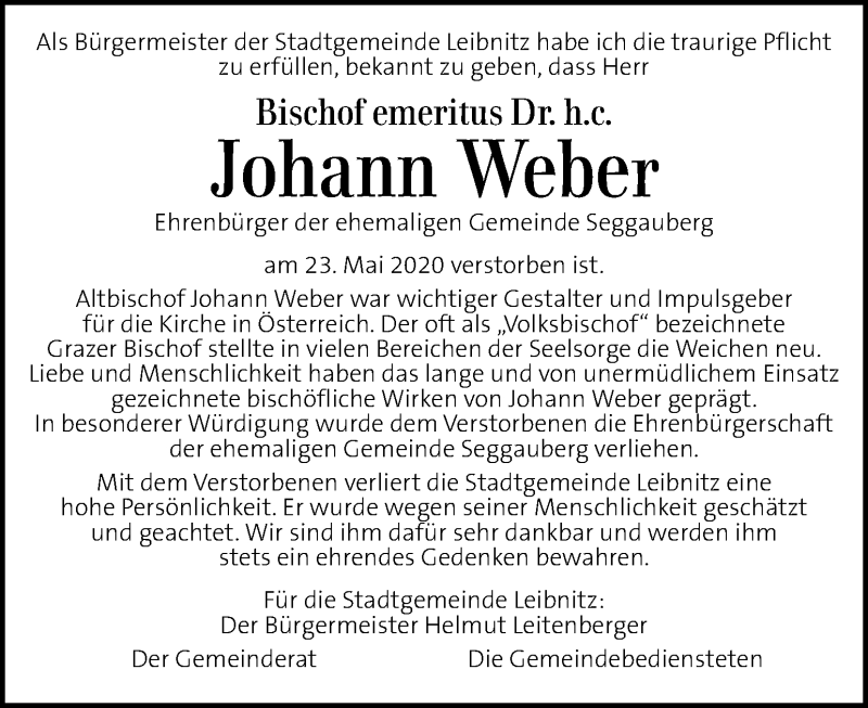  Traueranzeige für Johann Weber vom 29.05.2020 aus Kleine Zeitung