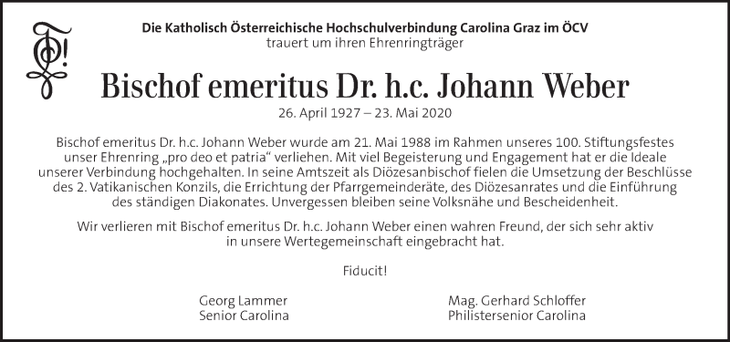  Traueranzeige für Johann Weber vom 26.05.2020 aus Kleine Zeitung