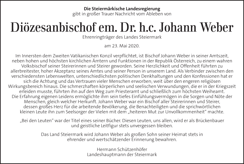  Traueranzeige für Johann Weber vom 27.05.2020 aus Kleine Zeitung