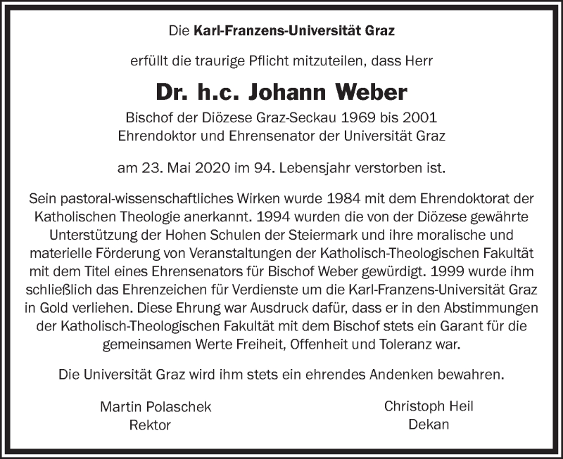  Traueranzeige für Johann Weber vom 30.05.2020 aus Kleine Zeitung