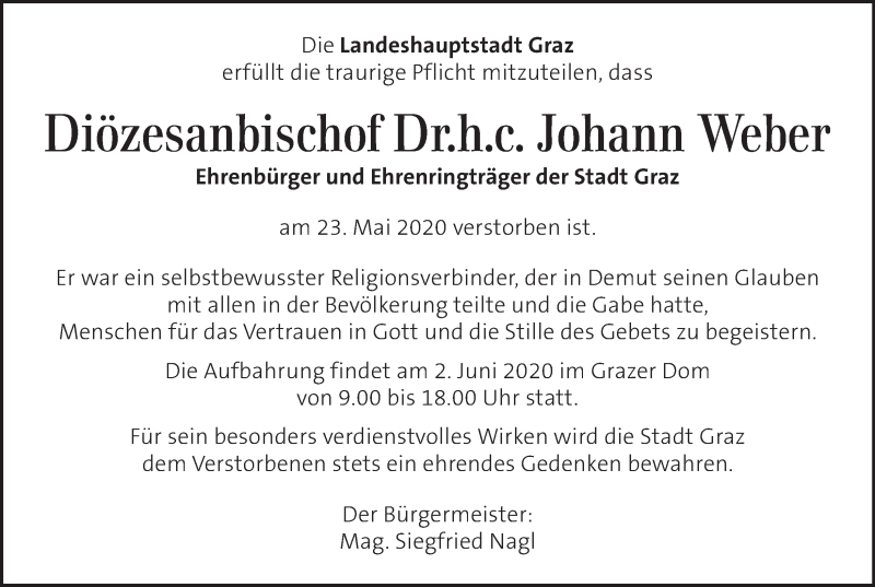  Traueranzeige für Johann Weber vom 27.05.2020 aus Kleine Zeitung
