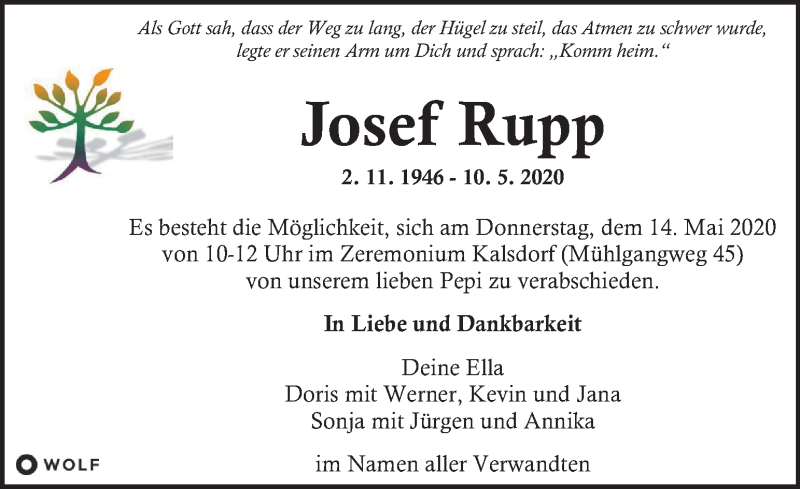  Traueranzeige für Josef Rupp vom 13.05.2020 aus Kleine Zeitung