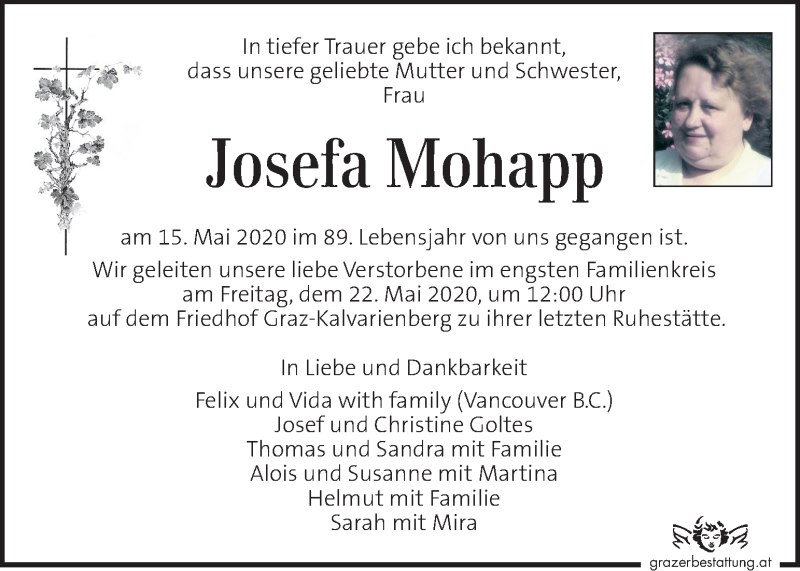  Traueranzeige für Josefa Mohapp vom 20.05.2020 aus Kleine Zeitung