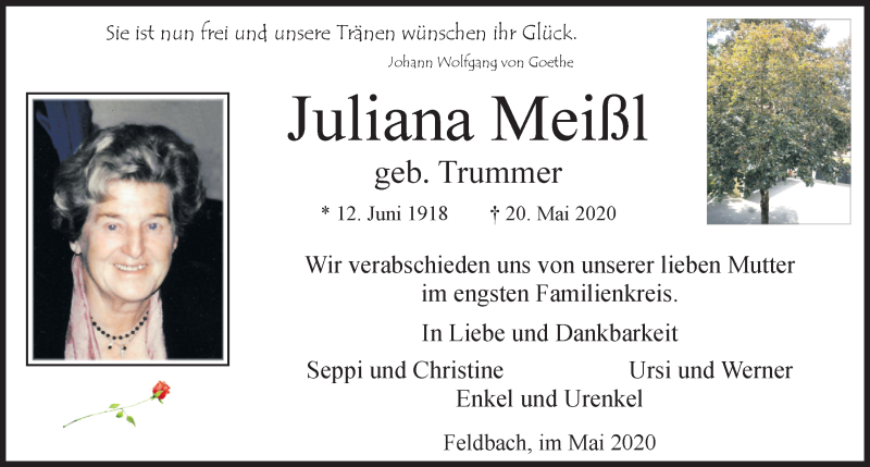  Traueranzeige für Juliana Meißl vom 24.05.2020 aus Kleine Zeitung