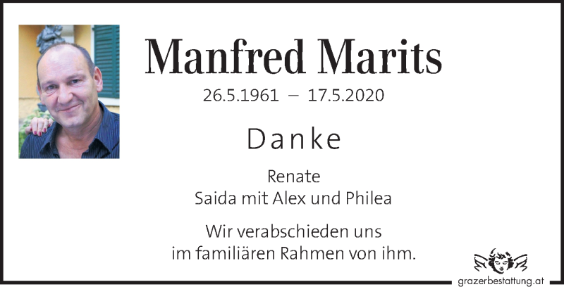  Traueranzeige für Manfred Marits vom 20.05.2020 aus Kleine Zeitung