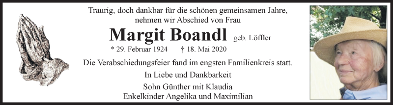  Traueranzeige für Margit Boandl vom 24.05.2020 aus Kleine Zeitung
