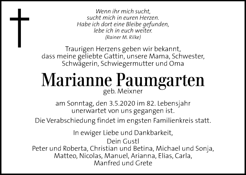  Traueranzeige für Marianne Paumgarten vom 07.05.2020 aus Kleine Zeitung