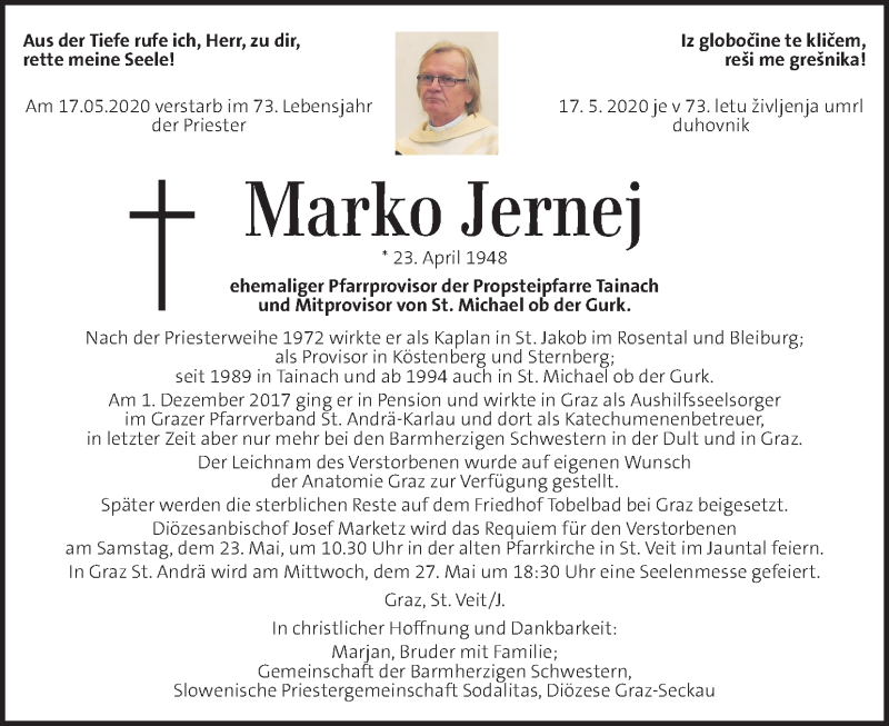  Traueranzeige für Marko Jernej vom 23.05.2020 aus Kleine Zeitung