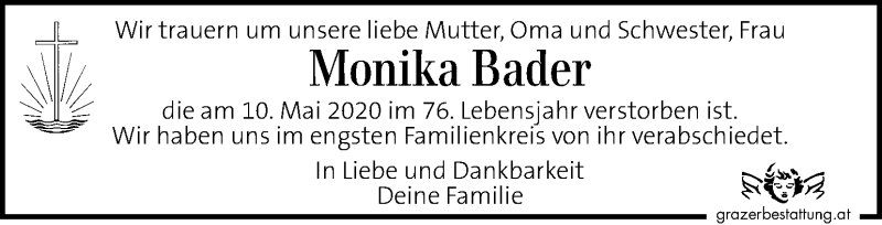  Traueranzeige für Monika Bader vom 16.05.2020 aus Kleine Zeitung