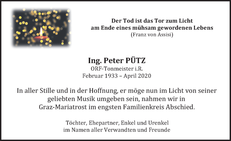  Traueranzeige für Peter Pütz vom 08.05.2020 aus Kleine Zeitung