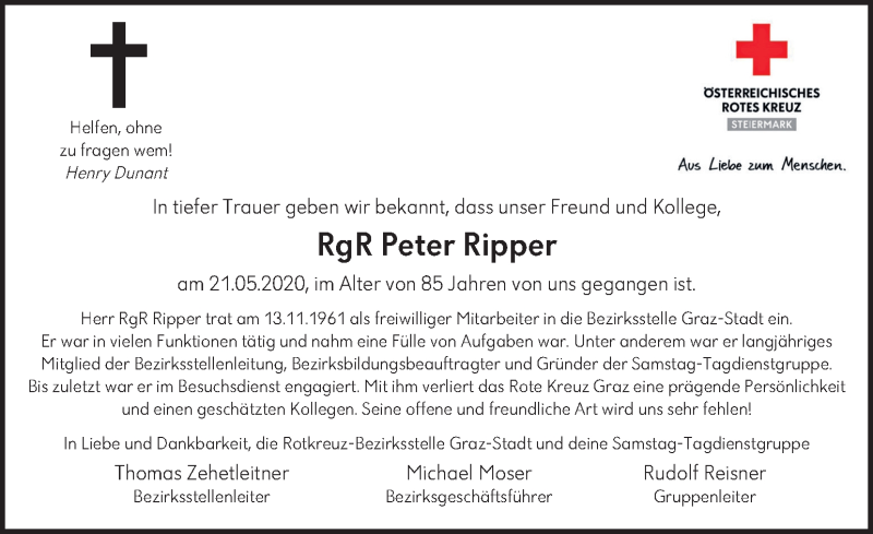  Traueranzeige für Peter Ripper vom 23.05.2020 aus Kleine Zeitung
