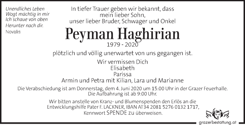  Traueranzeige für Peyman Haghirian vom 23.05.2020 aus Kleine Zeitung