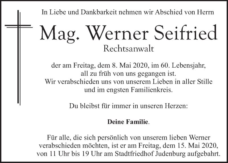  Traueranzeige für Werner Seifried vom 13.05.2020 aus Kleine Zeitung