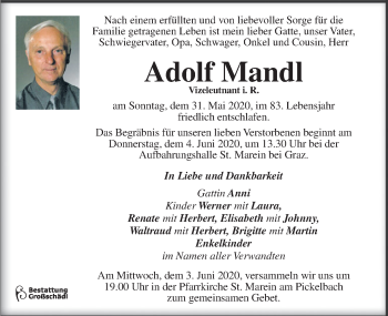 Traueranzeige von Adolf Mandl von Kleine Zeitung