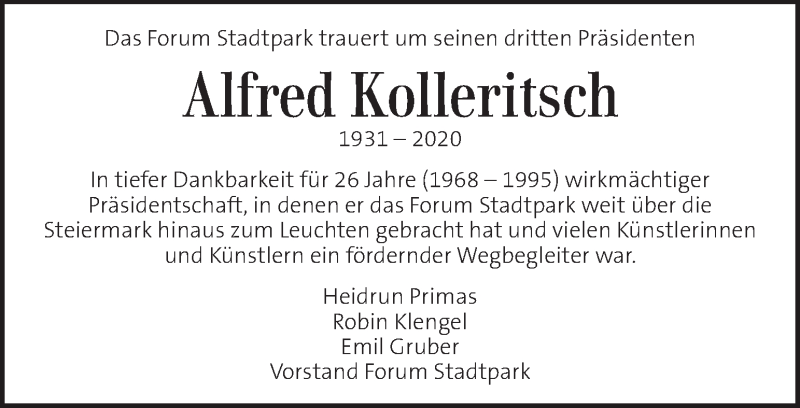  Traueranzeige für Alfred Kolleritsch   vom 01.07.2020 aus Kleine Zeitung