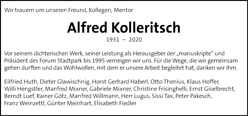  Traueranzeige für Alfred Kolleritsch   vom 21.06.2020 aus Kleine Zeitung