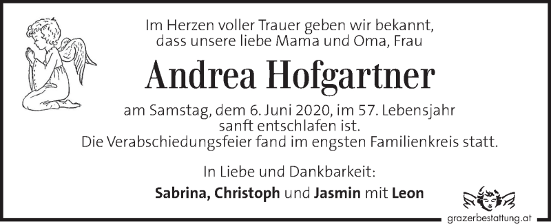  Traueranzeige für Andrea Hofgartner vom 14.06.2020 aus Kleine Zeitung