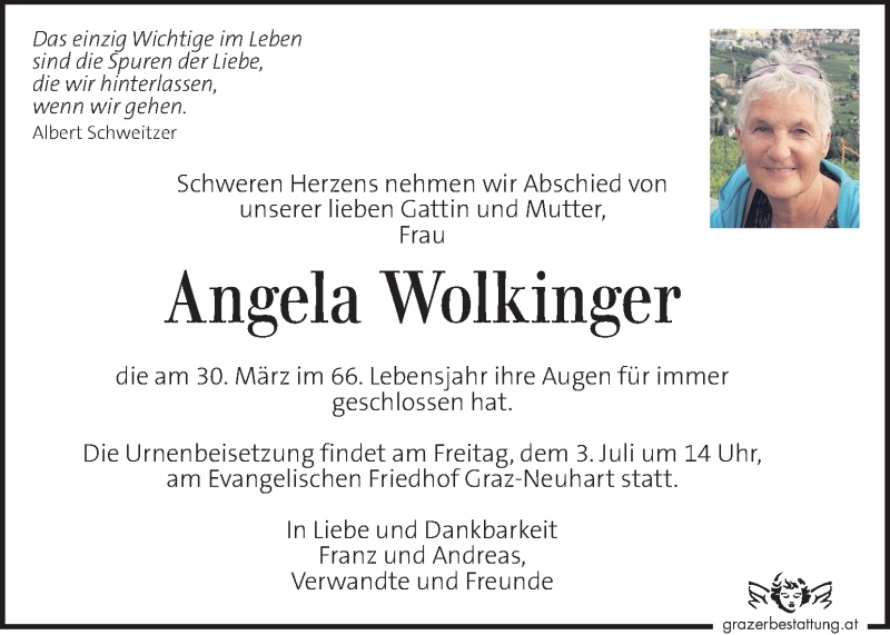  Traueranzeige für Angela Wolkinger vom 21.06.2020 aus Kleine Zeitung