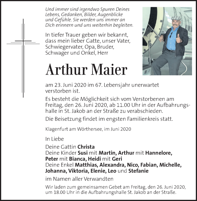  Traueranzeige für Arthur Maier vom 25.06.2020 aus Kleine Zeitung