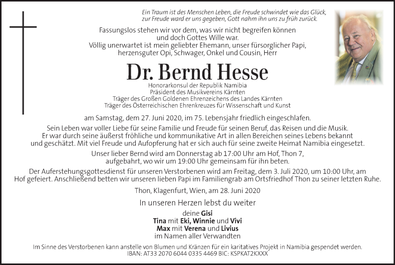  Traueranzeige für Bernd Hesse vom 30.06.2020 aus Kleine Zeitung