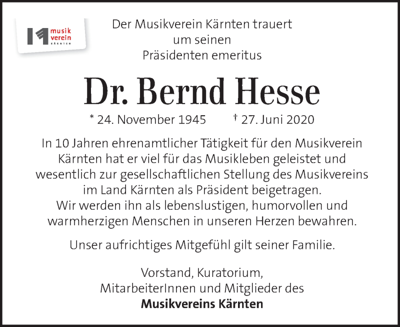  Traueranzeige für Bernd Hesse vom 01.07.2020 aus Kleine Zeitung