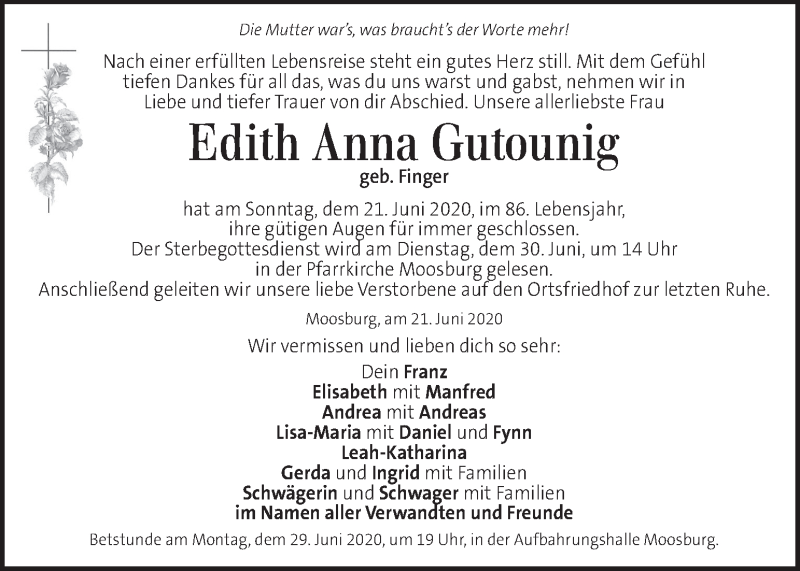  Traueranzeige für Edith Anna Gutounig  vom 26.06.2020 aus Kleine Zeitung