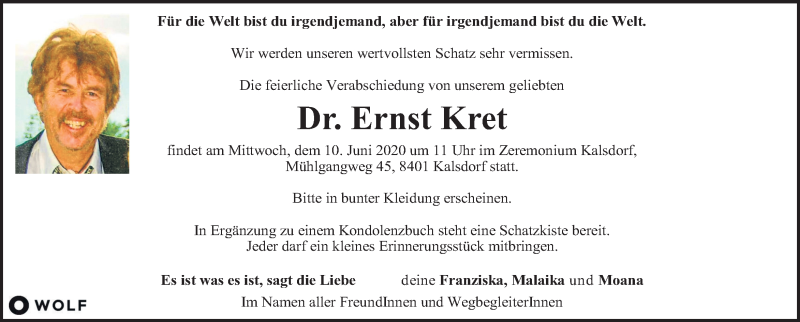  Traueranzeige für Ernst Kret vom 06.06.2020 aus Kleine Zeitung