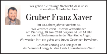 Traueranzeige von Franz Xaver Gruber  von Kleine Zeitung