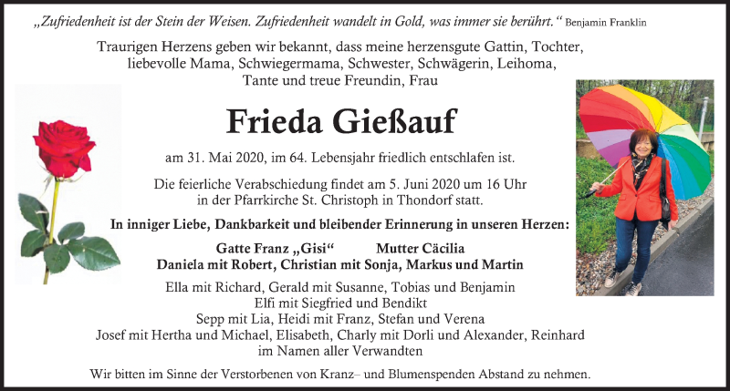  Traueranzeige für Frieda Gießauf vom 03.06.2020 aus Kleine Zeitung