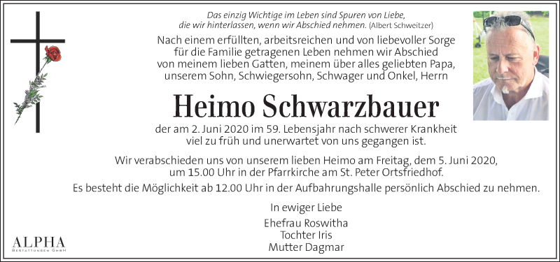  Traueranzeige für Heimo Schwarzbauer vom 03.06.2020 aus Kleine Zeitung