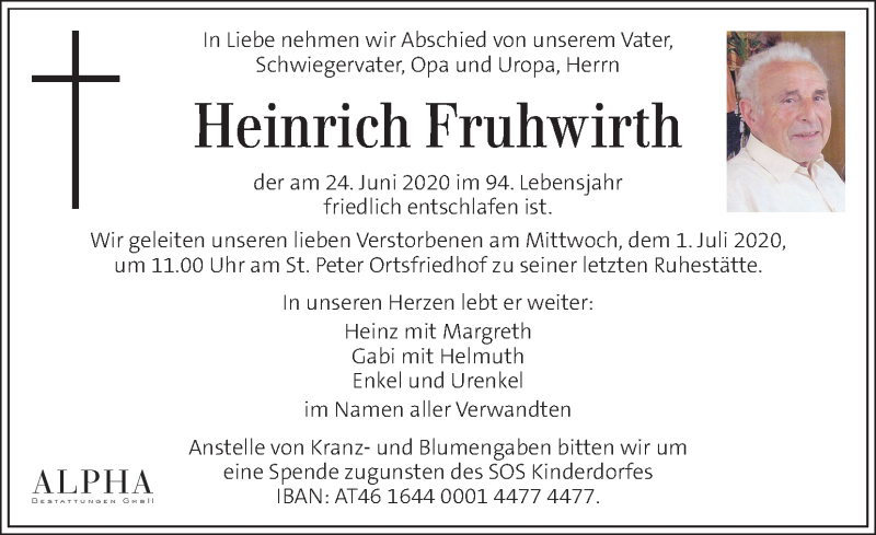 Traueranzeige für Heinrich Fruhwirth vom 28.06.2020 aus Kleine Zeitung