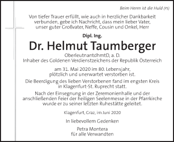 Traueranzeige von Helmut Taumberger von Kleine Zeitung