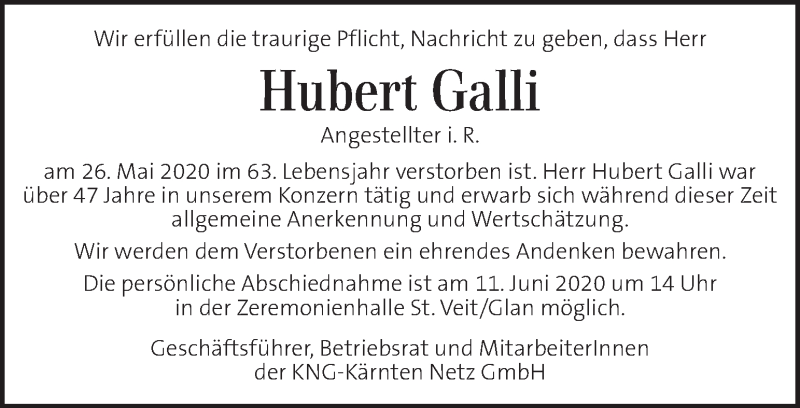  Traueranzeige für Hubert Galli vom 05.06.2020 aus Kleine Zeitung