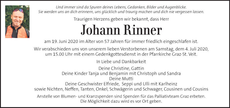  Traueranzeige für Johann Rinner vom 01.07.2020 aus Kleine Zeitung