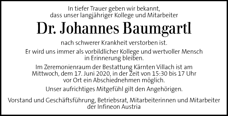  Traueranzeige für Johannes Baumgartl vom 17.06.2020 aus Kleine Zeitung
