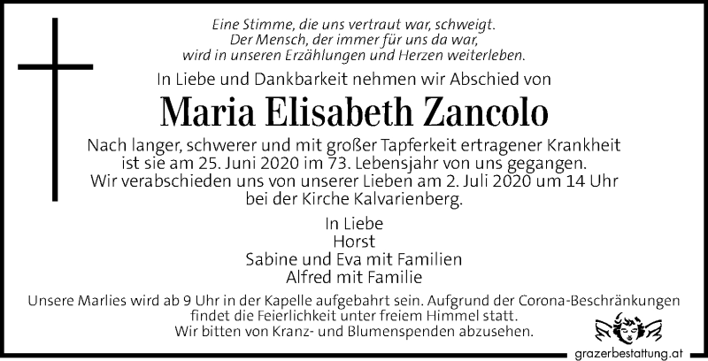  Traueranzeige für Maria Elisabeth Zancolo vom 30.06.2020 aus Kleine Zeitung