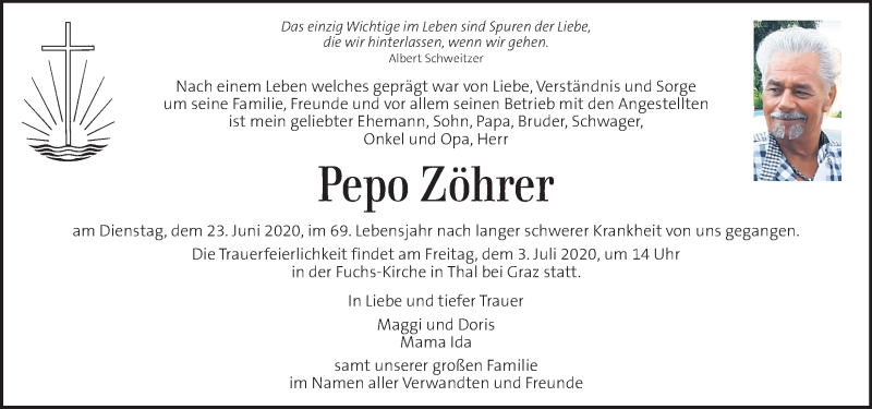  Traueranzeige für Pepo Zöhrer vom 30.06.2020 aus Kleine Zeitung