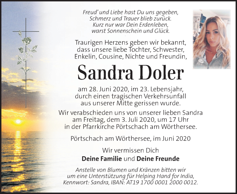  Traueranzeige für Sandra Doler vom 01.07.2020 aus Kleine Zeitung