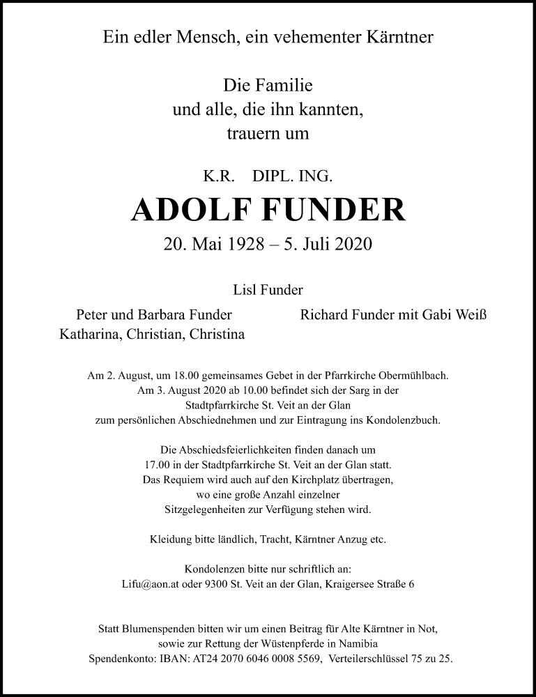  Traueranzeige für Adolf Funder vom 11.07.2020 aus Kleine Zeitung