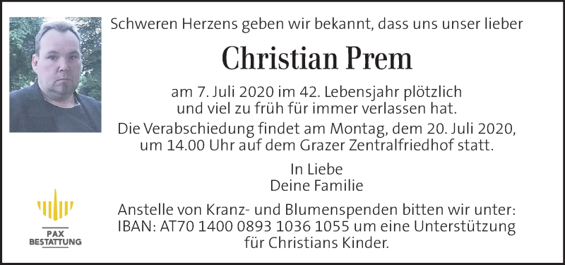  Traueranzeige für Christian Prem vom 15.07.2020 aus Kleine Zeitung