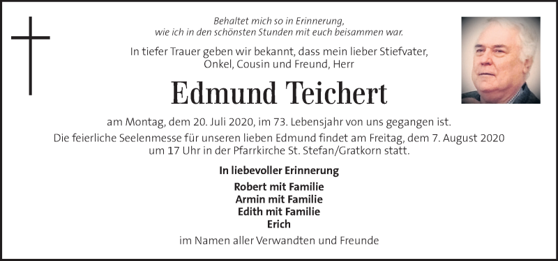  Traueranzeige für Edmund Teichert vom 26.07.2020 aus Kleine Zeitung