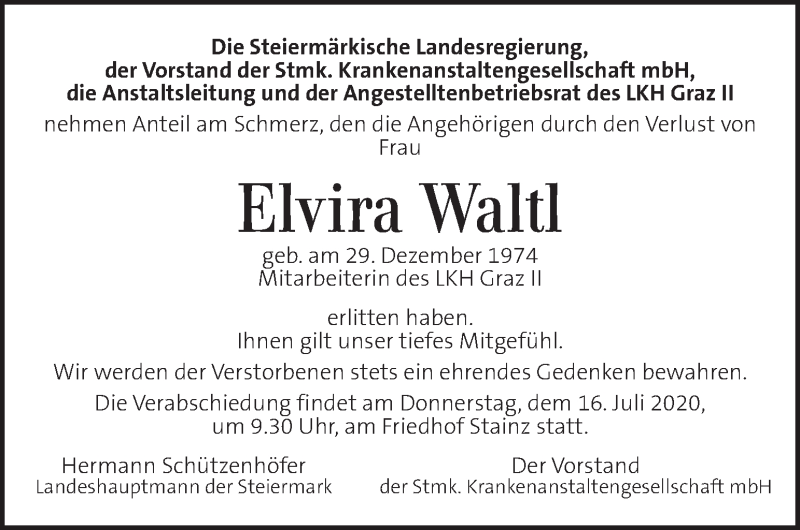  Traueranzeige für Elvira Waltl vom 14.07.2020 aus Kleine Zeitung