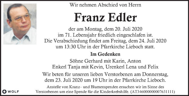  Traueranzeige für Franz Edler vom 22.07.2020 aus Kleine Zeitung