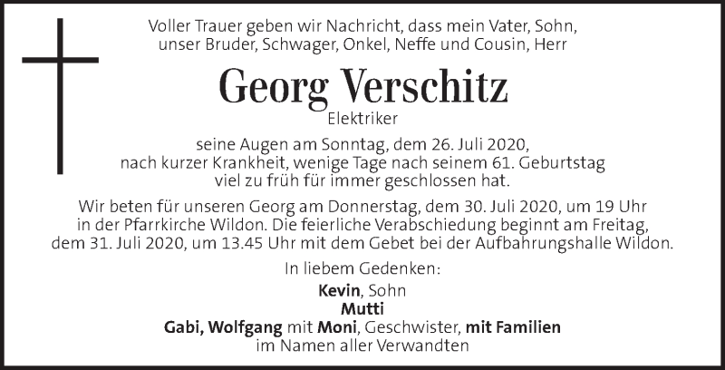  Traueranzeige für Georg Verschitz vom 29.07.2020 aus Kleine Zeitung