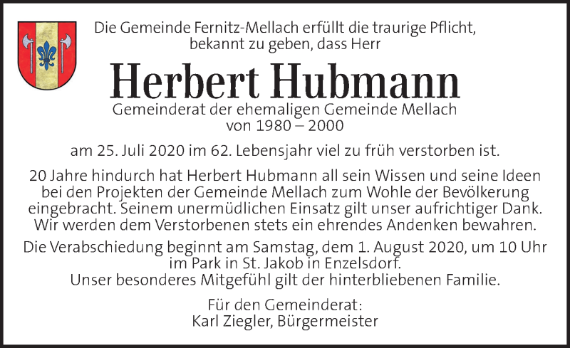  Traueranzeige für Herbert Hubmann vom 30.07.2020 aus Kleine Zeitung